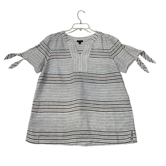Talbots Striped Short Sleeve Blouse Tie Detail Sleeves V-Neck Tunic Top Gray PM - Picture 1 of 12